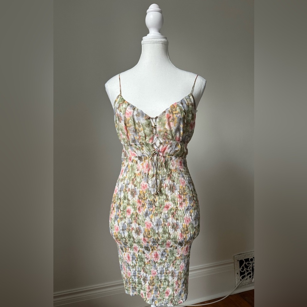 SAINTS + SECRETS Floral Cottagecore Smocked Bodycon Mini Dress Size Medium